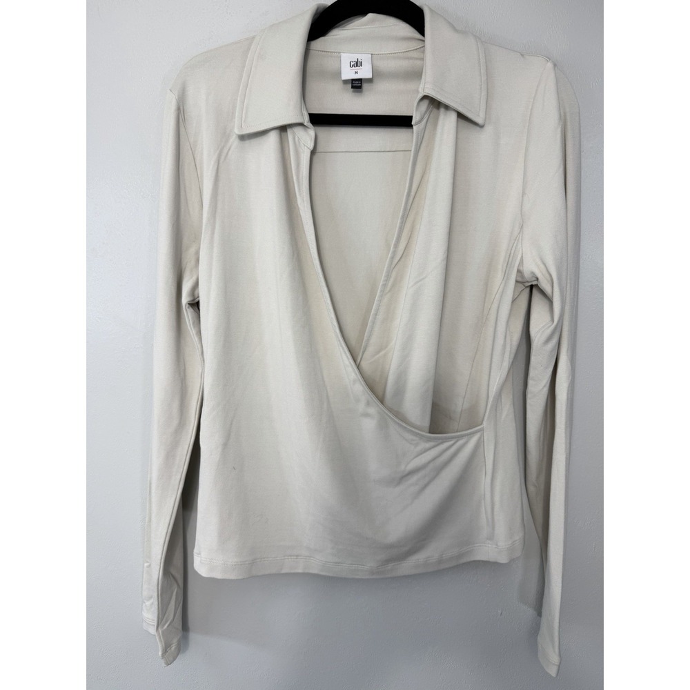 CAbi Creamy Light Taupe Long Sleeved Faux Wrap Pullover Size M